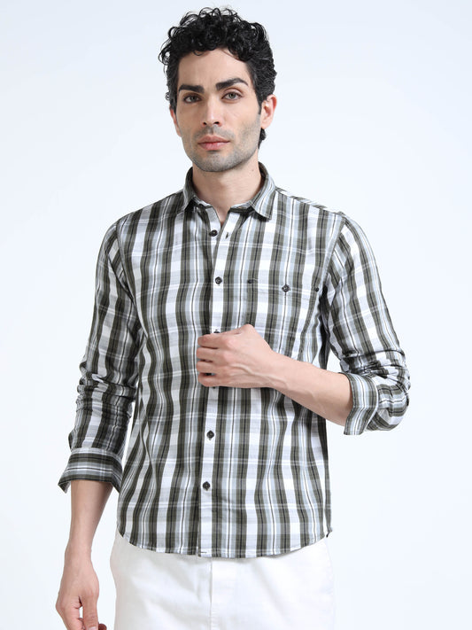 Men’s Olive & White Textured Check Cotton Linen Shirt