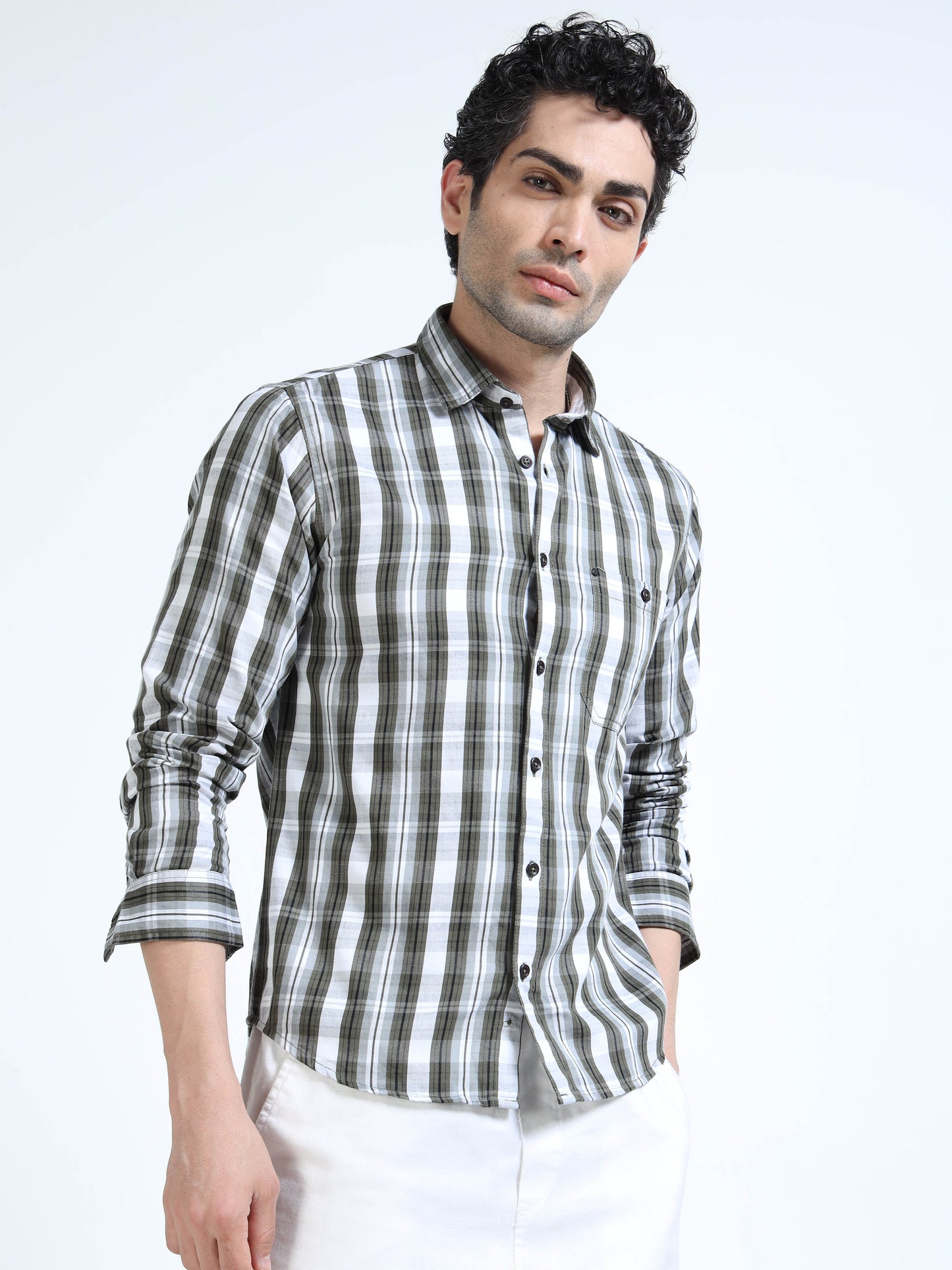 Men’s Olive & White Textured Check Cotton Linen Shirt