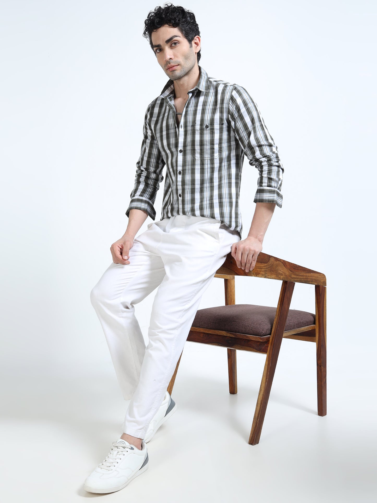 Men’s Olive & White Textured Check Cotton Linen Shirt