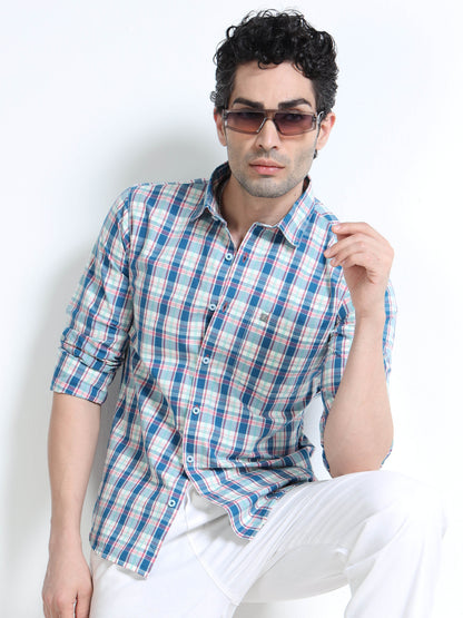 Men’s Blue, Red & White Multi-Check Cotton Linen Shirt