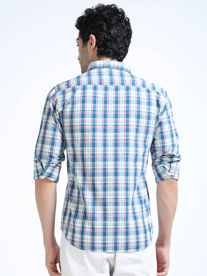 Men’s Blue, Red & White Multi-Check Cotton Linen Shirt