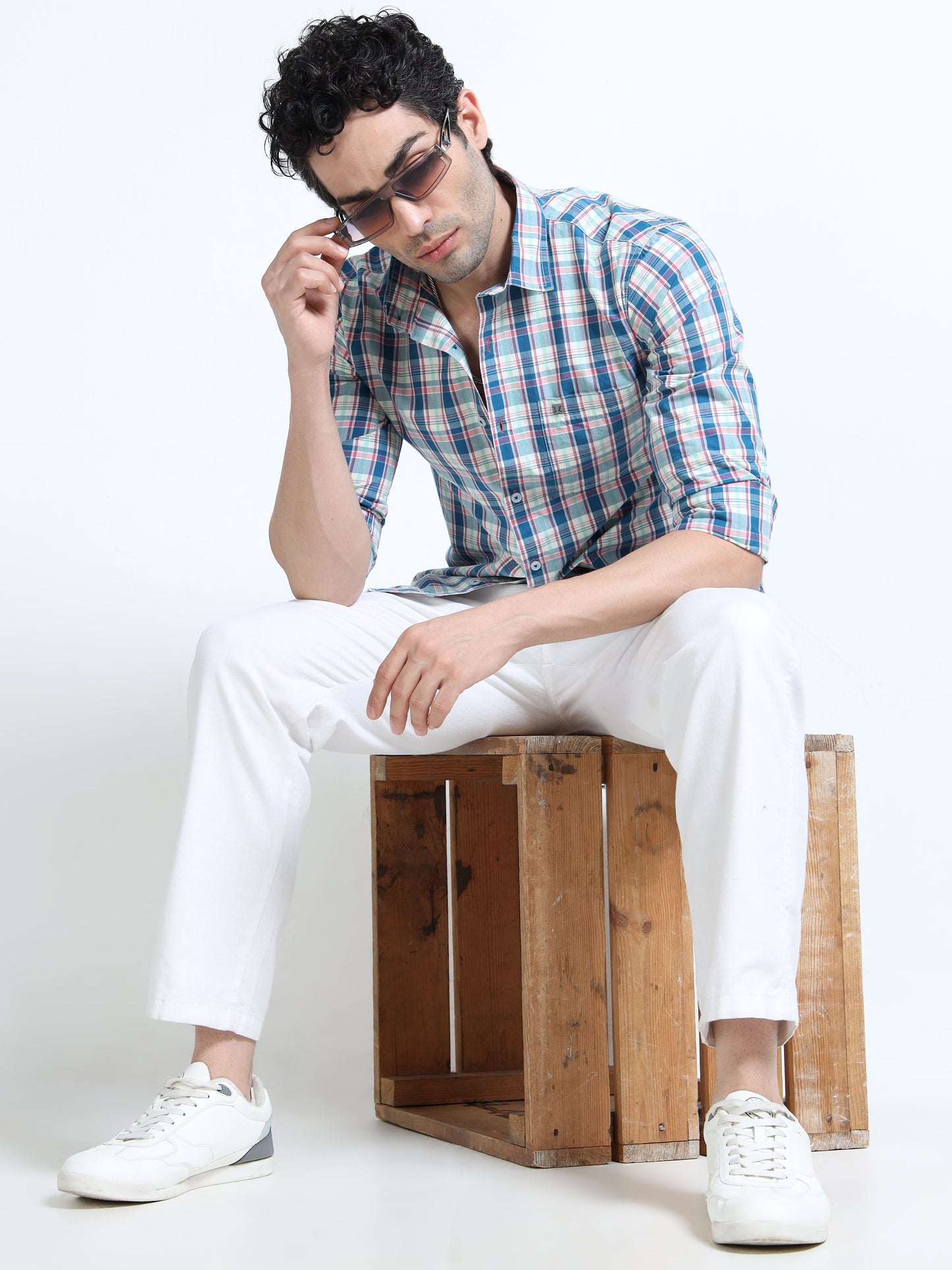 Men’s Blue, Red & White Multi-Check Cotton Linen Shirt
