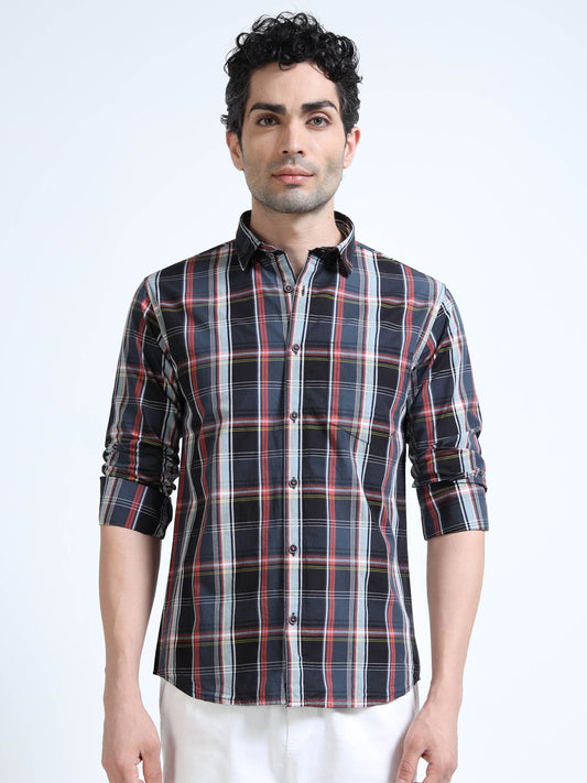 Men’s Black & Red Check Cotton Linen Shirt