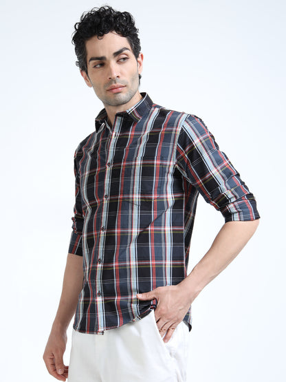 Men’s Black & Red Check Cotton Linen Shirt