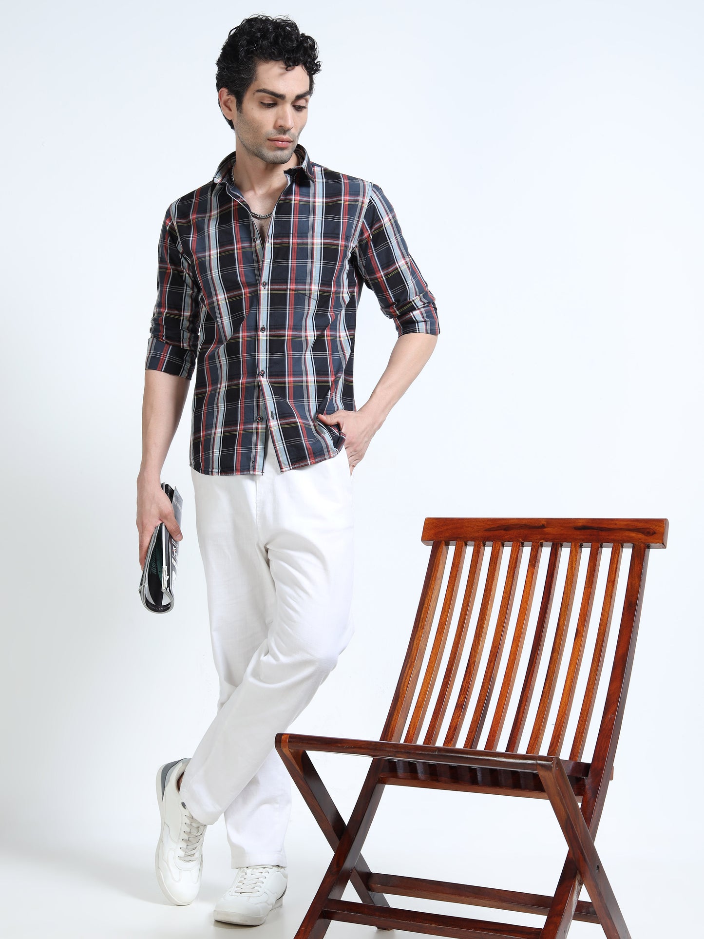 Men’s Black & Red Check Cotton Linen Shirt
