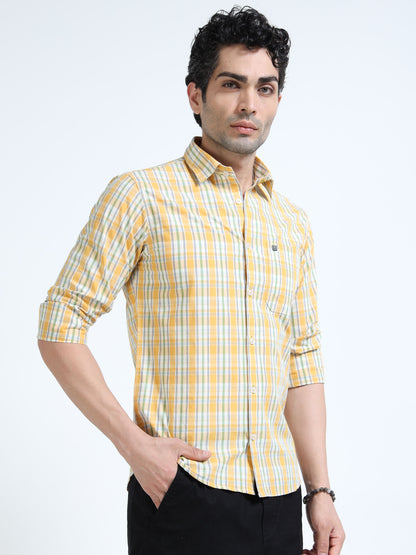 Men’s Yellow & White Multi-Check Cotton Linen Shirt
