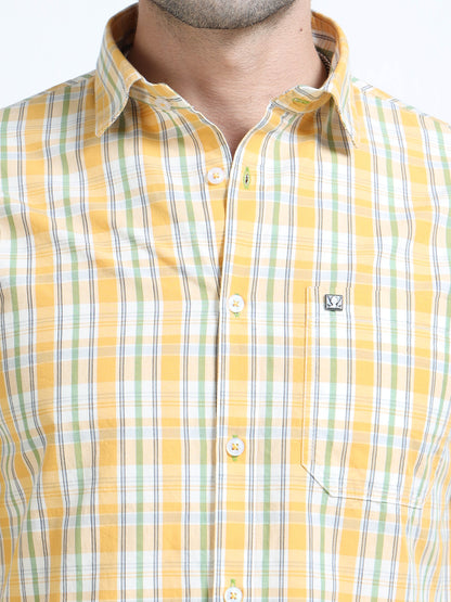 Men’s Yellow & White Multi-Check Cotton Linen Shirt