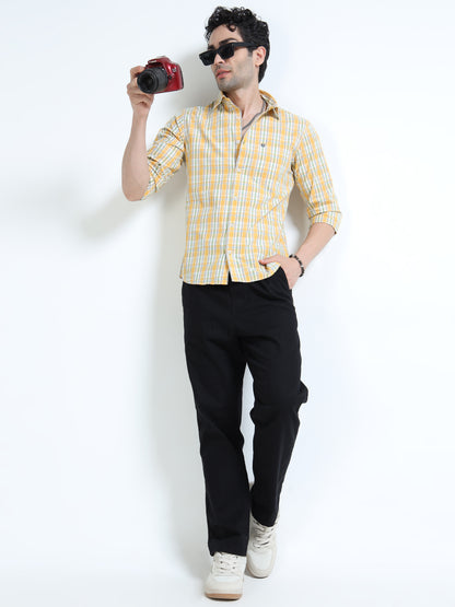 Men’s Yellow & White Multi-Check Cotton Linen Shirt