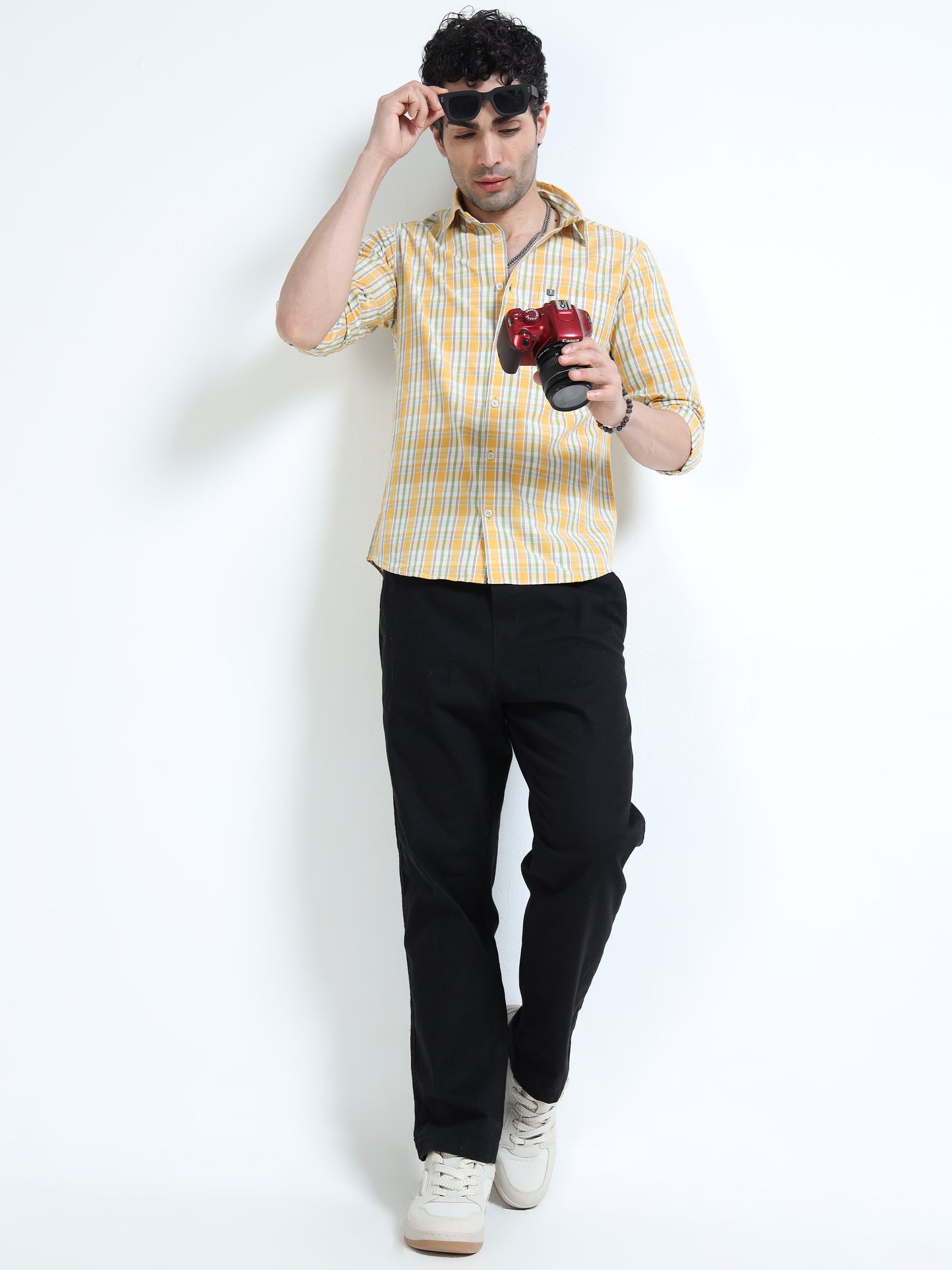 Men’s Yellow & White Multi-Check Cotton Linen Shirt