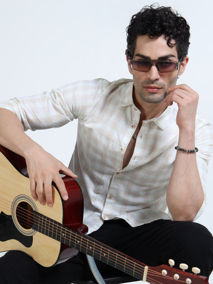 Men’s Cream & Pastel Multi-Check Cotton Linen Shirt