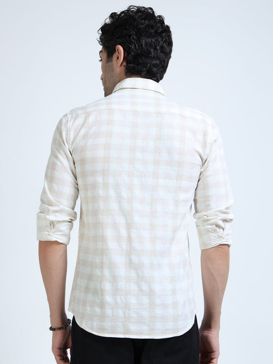 Men’s Cream & Pastel Multi-Check Cotton Linen Shirt