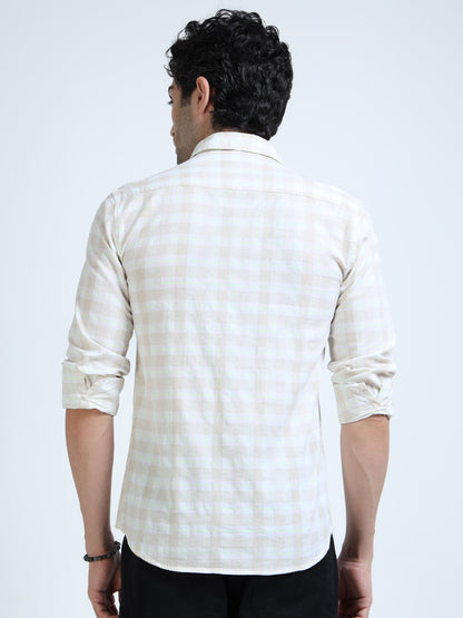 Men’s Cream & Pastel Multi-Check Cotton Linen Shirt