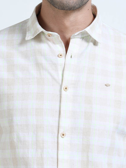 Men’s Cream & Pastel Multi-Check Cotton Linen Shirt