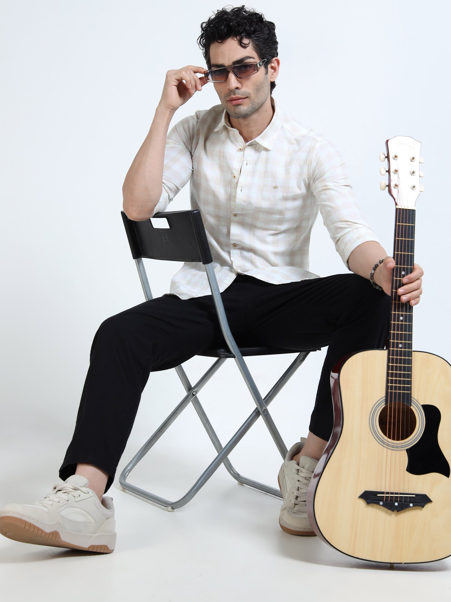 Men’s Cream & Pastel Multi-Check Cotton Linen Shirt