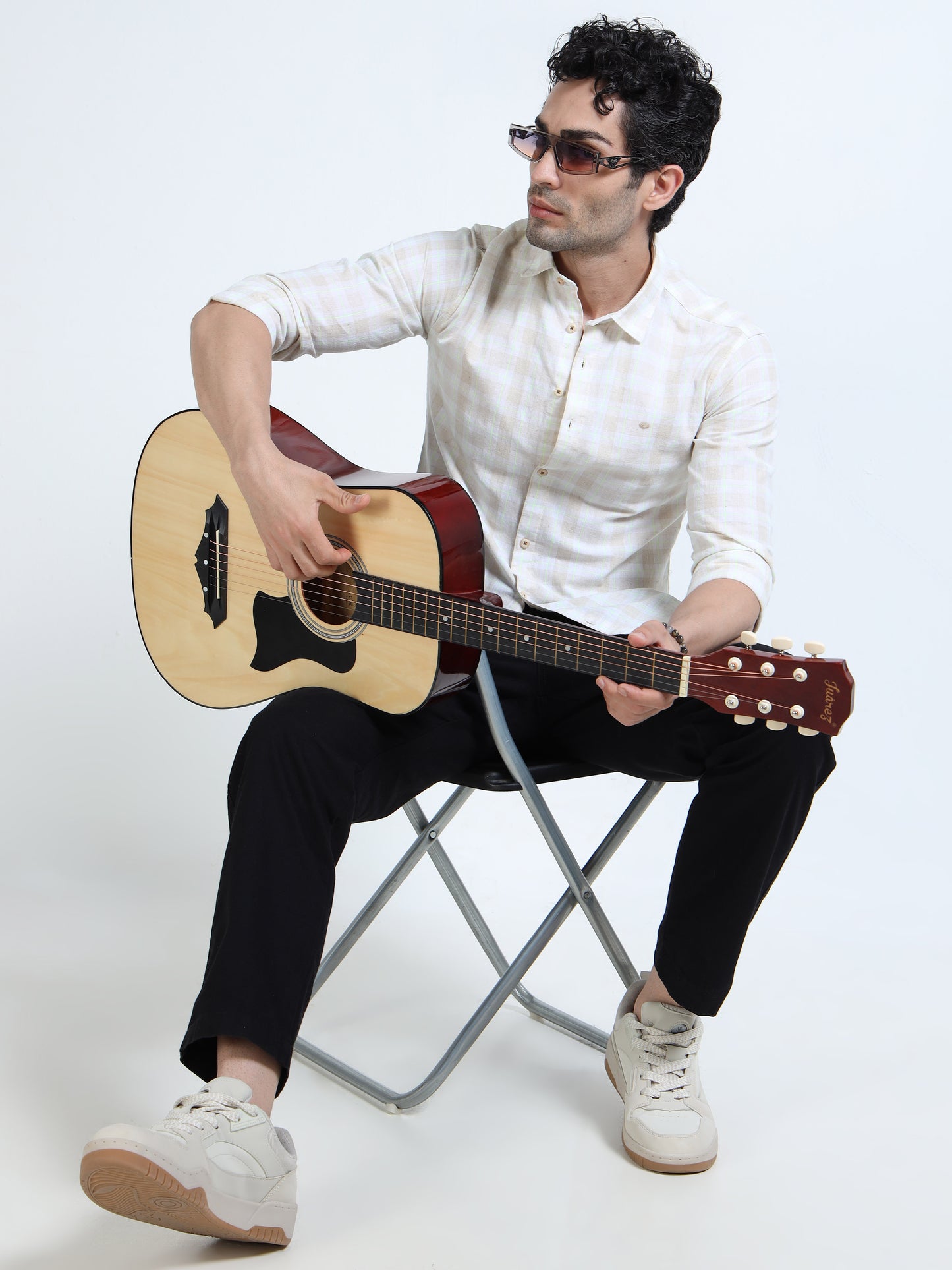 Men’s Cream & Pastel Multi-Check Cotton Linen Shirt