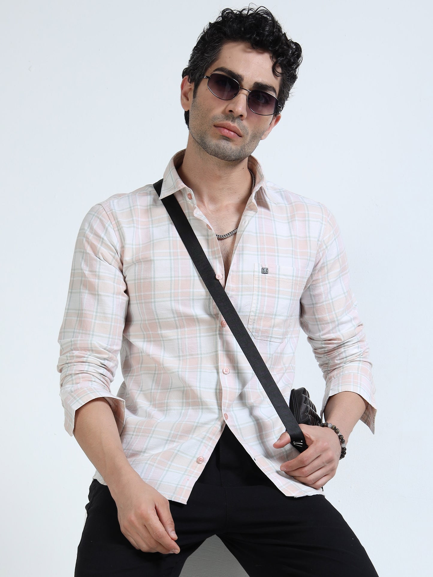 Men’s Peach & White Subtle Check Cotton Linen Shirt