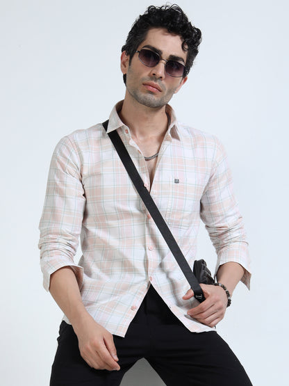 Men’s Peach & White Subtle Check Cotton Linen Shirt