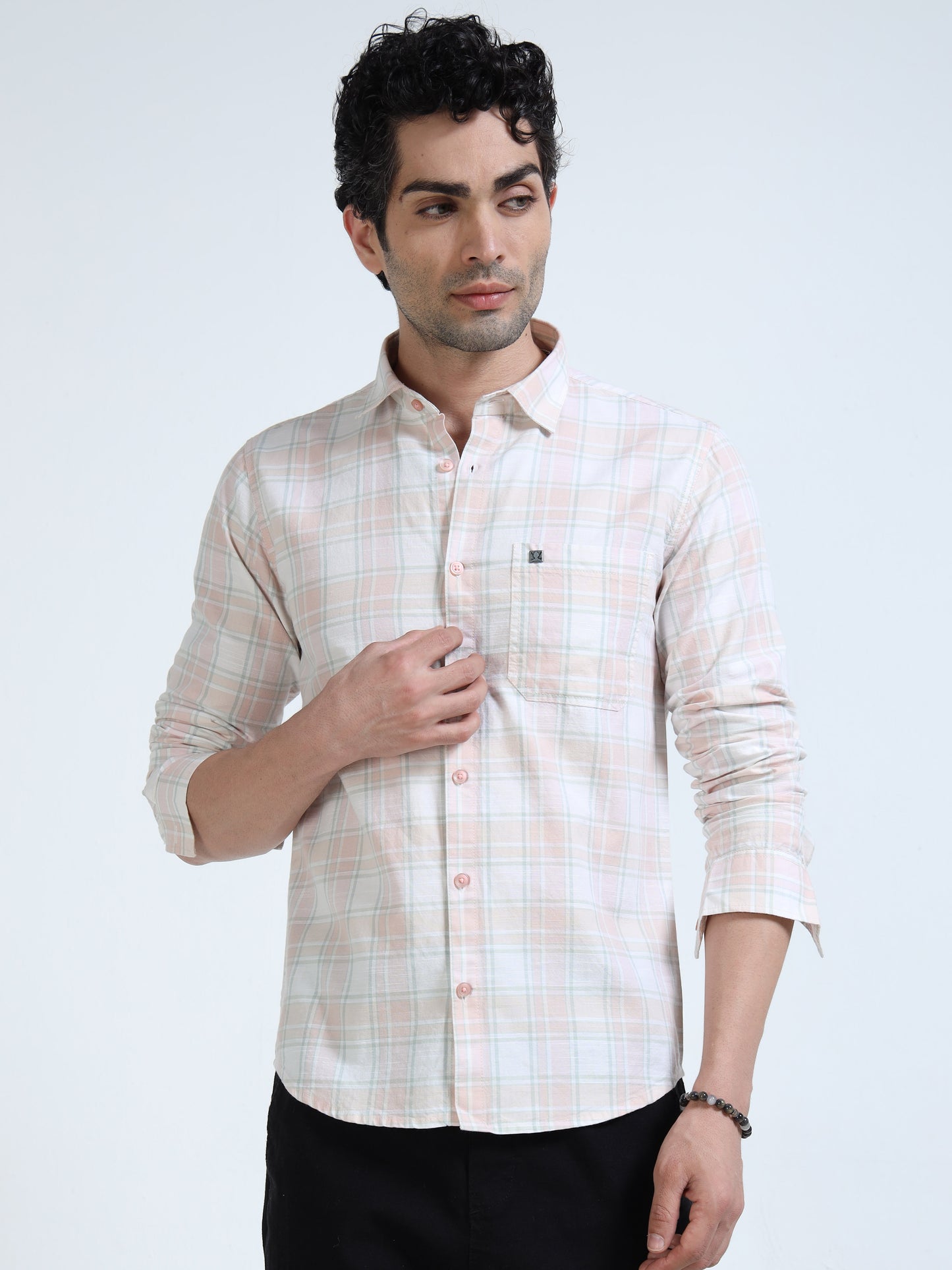 Men’s Peach & White Subtle Check Cotton Linen Shirt