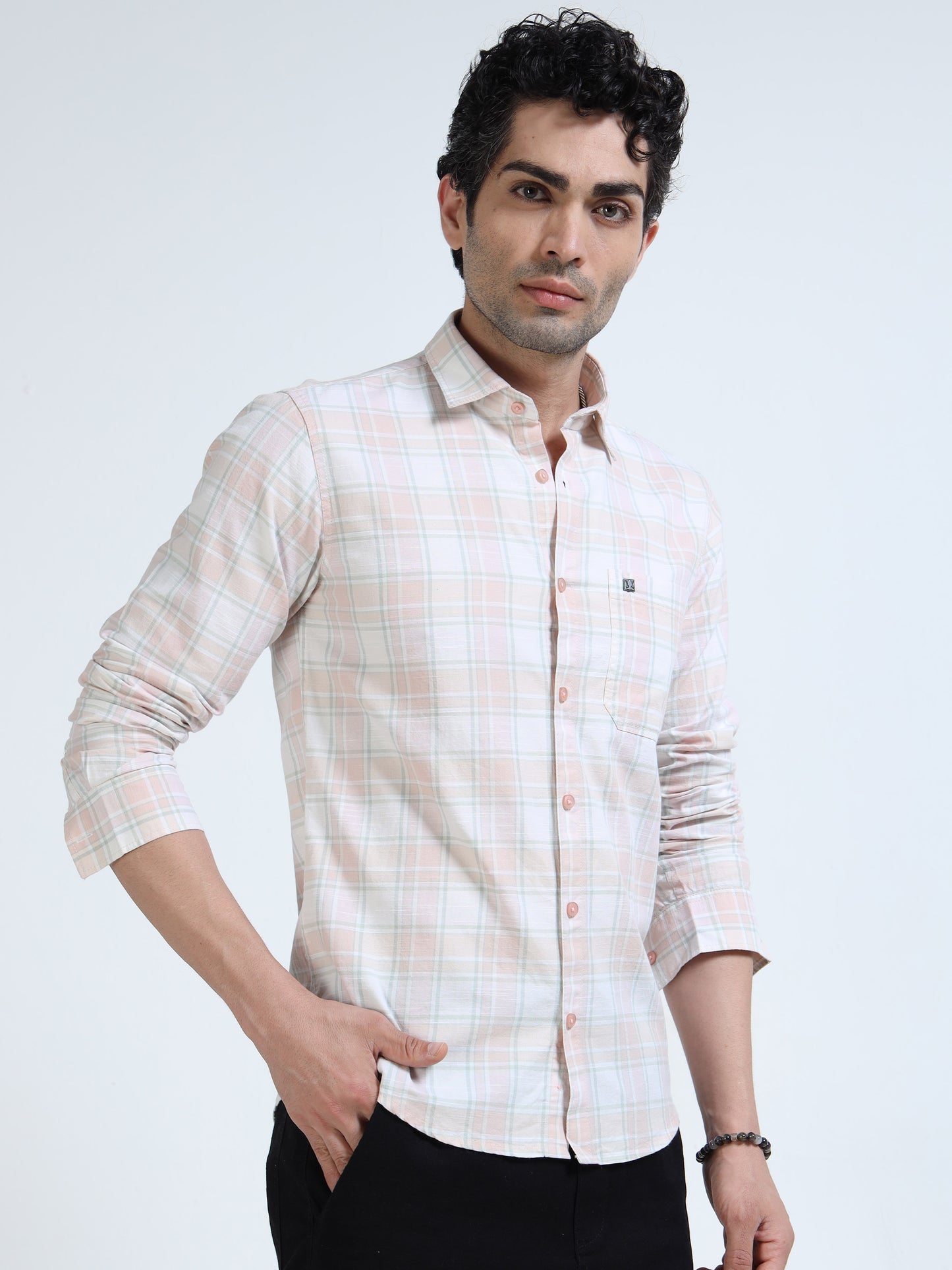 Men’s Peach & White Subtle Check Cotton Linen Shirt