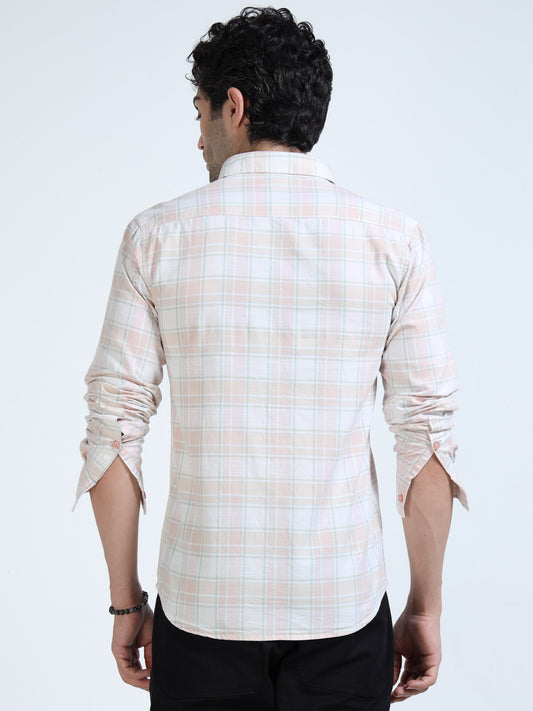 Men’s Peach & White Subtle Check Cotton Linen Shirt