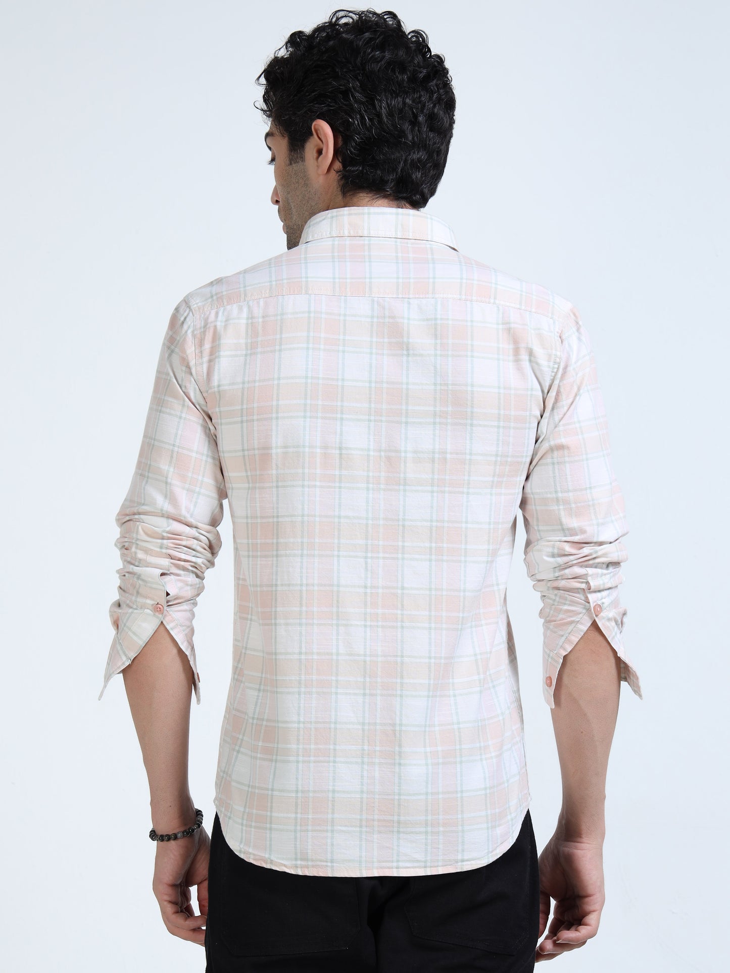 Men’s Peach & White Subtle Check Cotton Linen Shirt