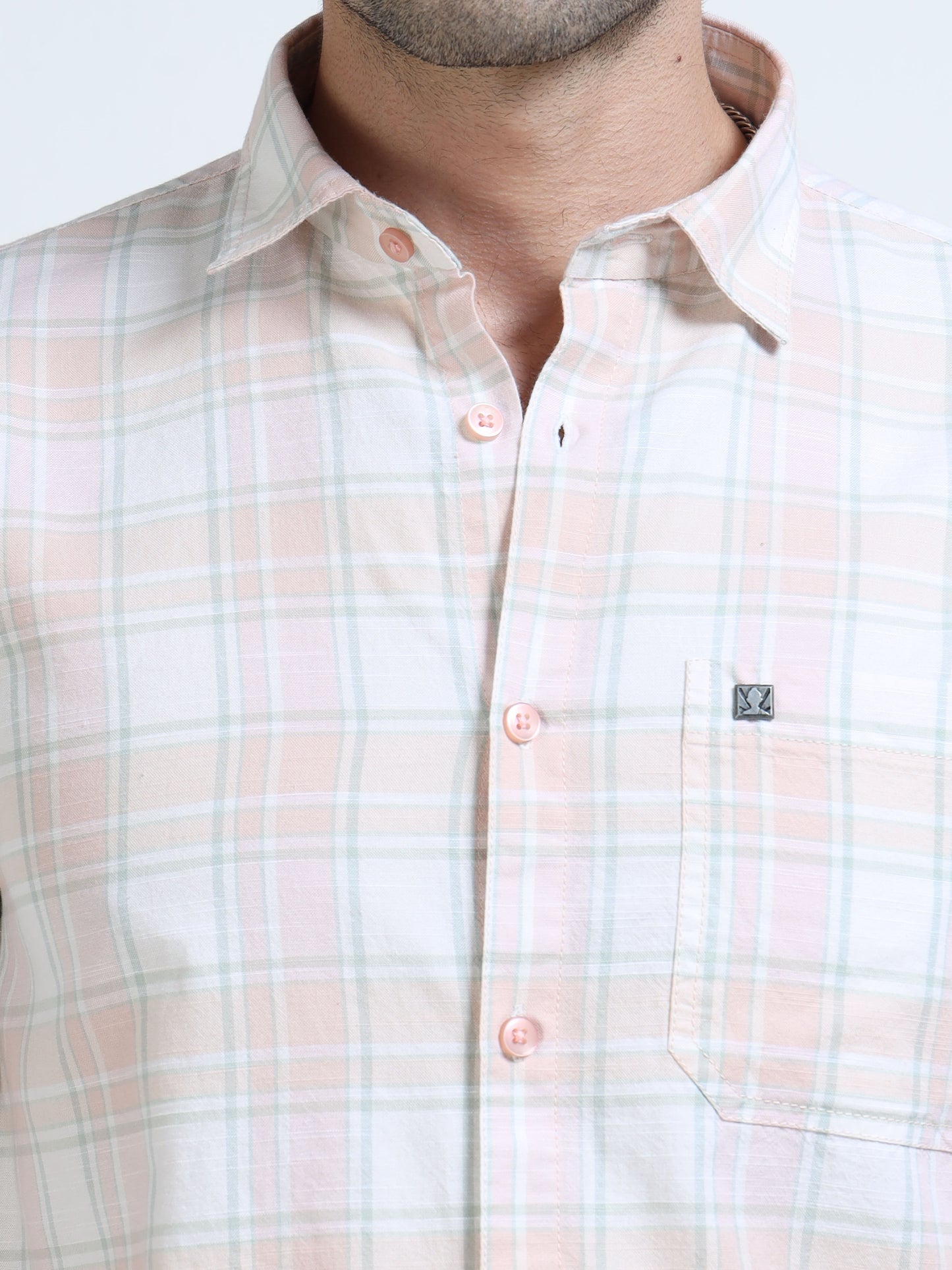 Men’s Peach & White Subtle Check Cotton Linen Shirt