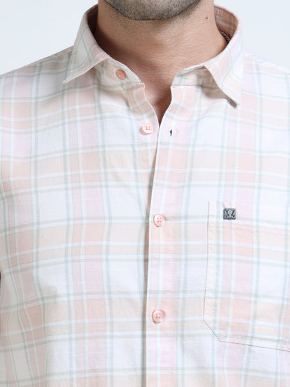 Men’s Peach & White Subtle Check Cotton Linen Shirt