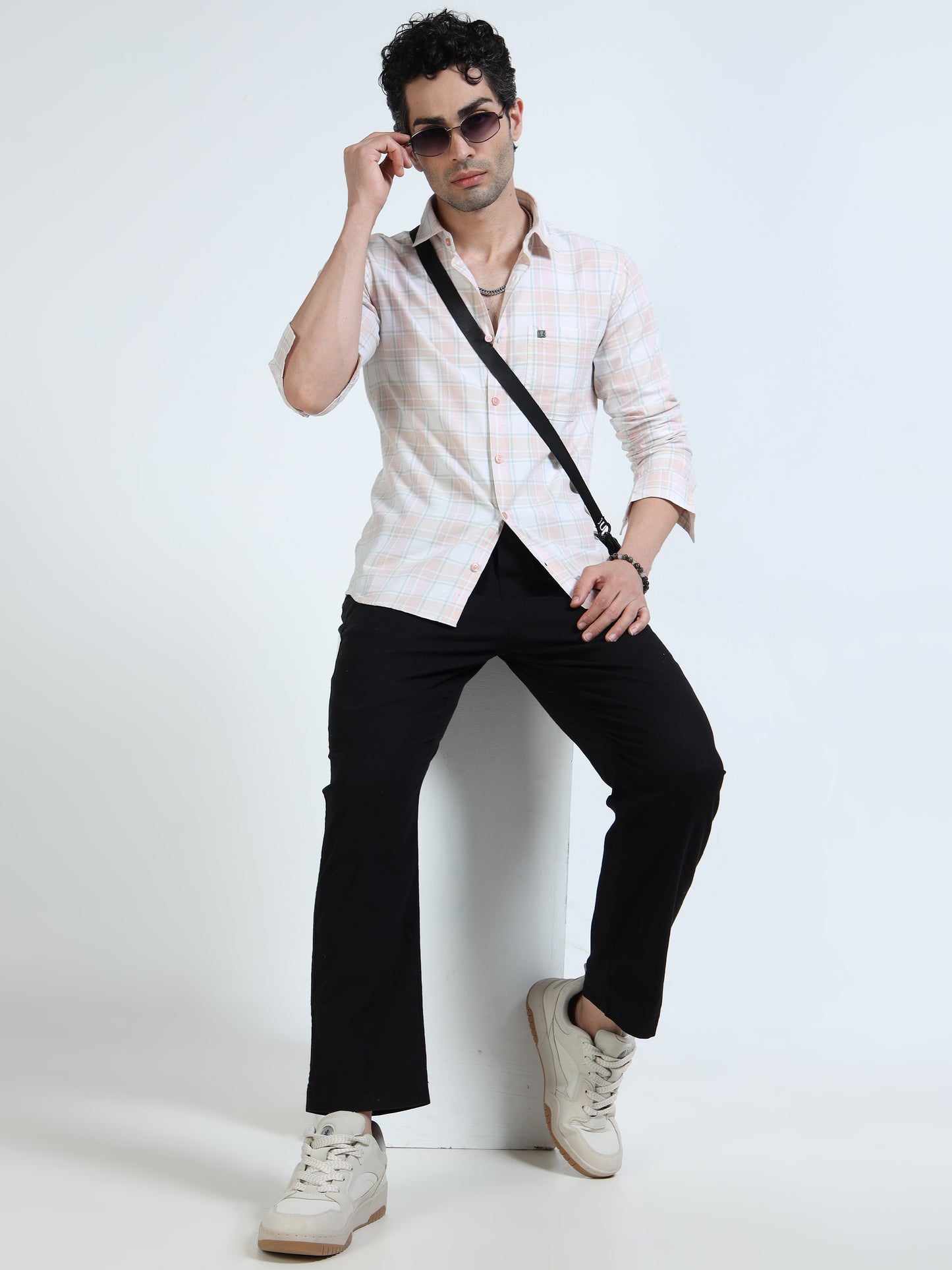 Men’s Peach & White Subtle Check Cotton Linen Shirt