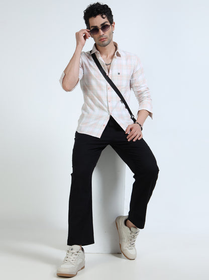 Men’s Peach & White Subtle Check Cotton Linen Shirt