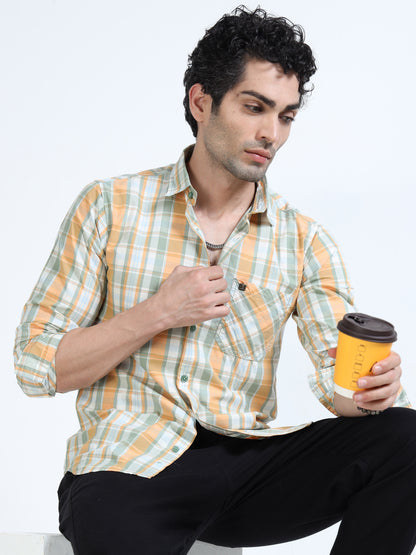 Men’s Mustard & White Multi-Check Cotton Linen Shirt