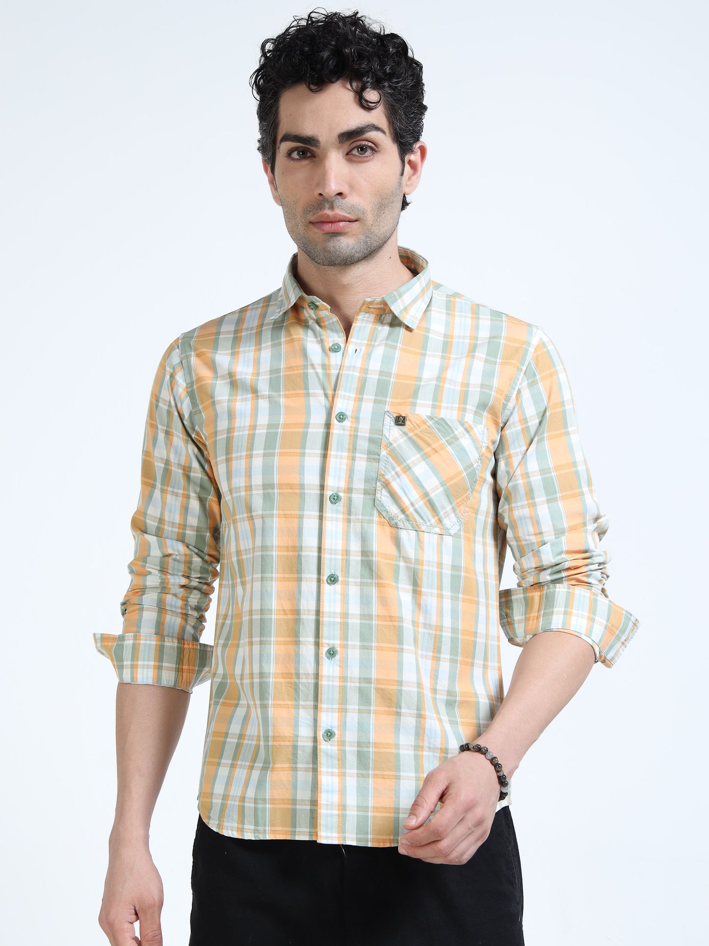 Men’s Mustard & White Multi-Check Cotton Linen Shirt