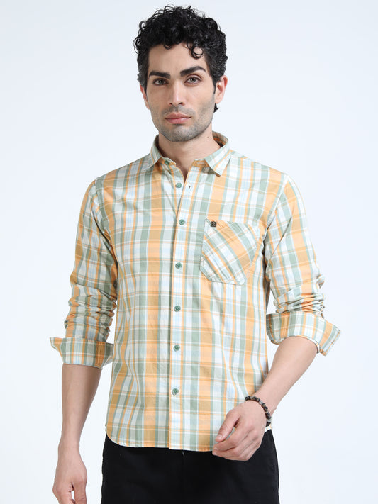 Men’s Mustard & White Multi-Check Cotton Linen Shirt
