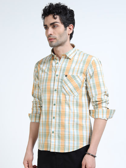 Men’s Mustard & White Multi-Check Cotton Linen Shirt