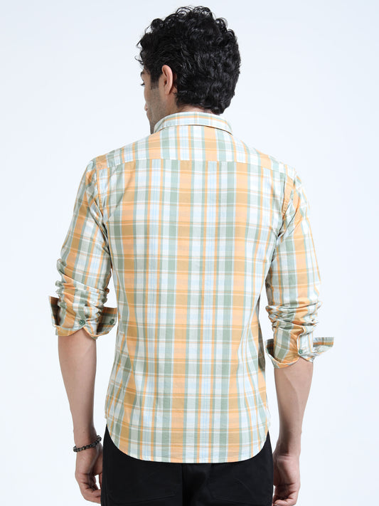 Men’s Mustard & White Multi-Check Cotton Linen Shirt