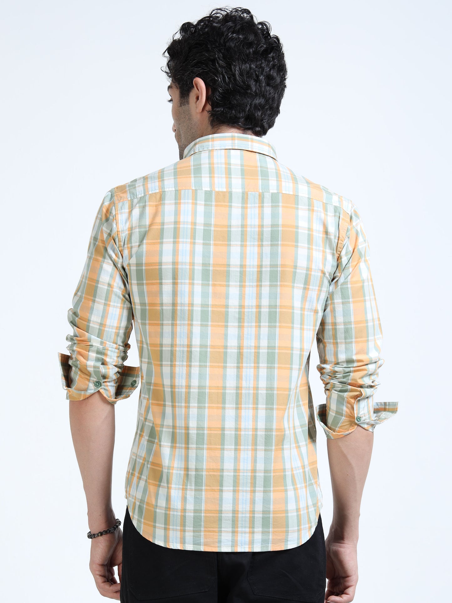 Men’s Mustard & White Multi-Check Cotton Linen Shirt