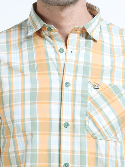 Men’s Mustard & White Multi-Check Cotton Linen Shirt