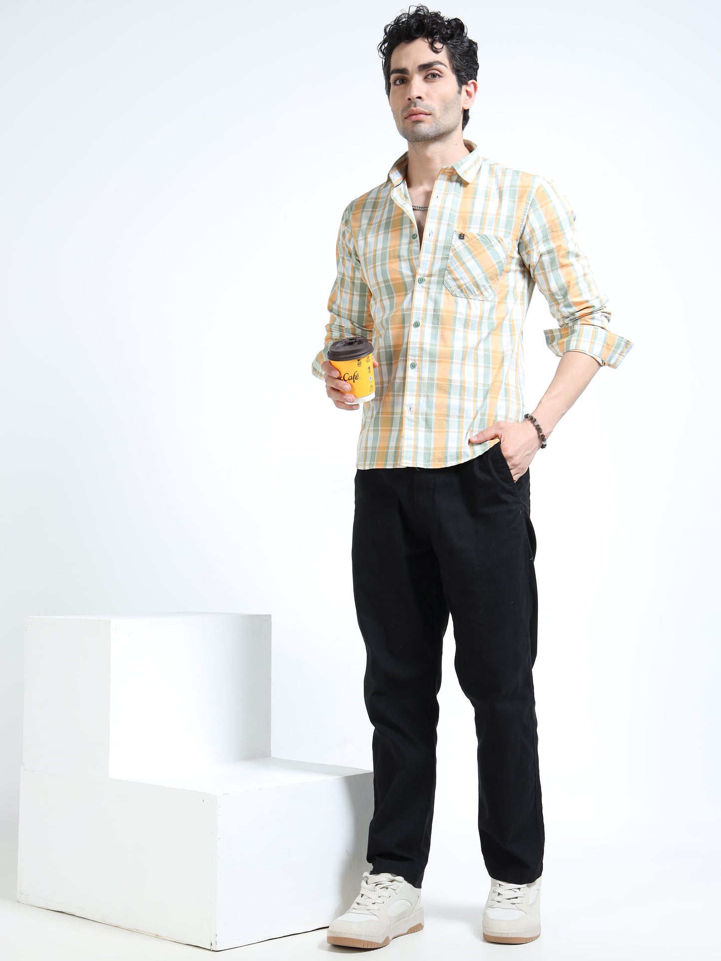 Men’s Mustard & White Multi-Check Cotton Linen Shirt