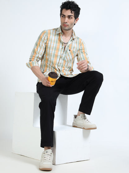 Men’s Mustard & White Multi-Check Cotton Linen Shirt