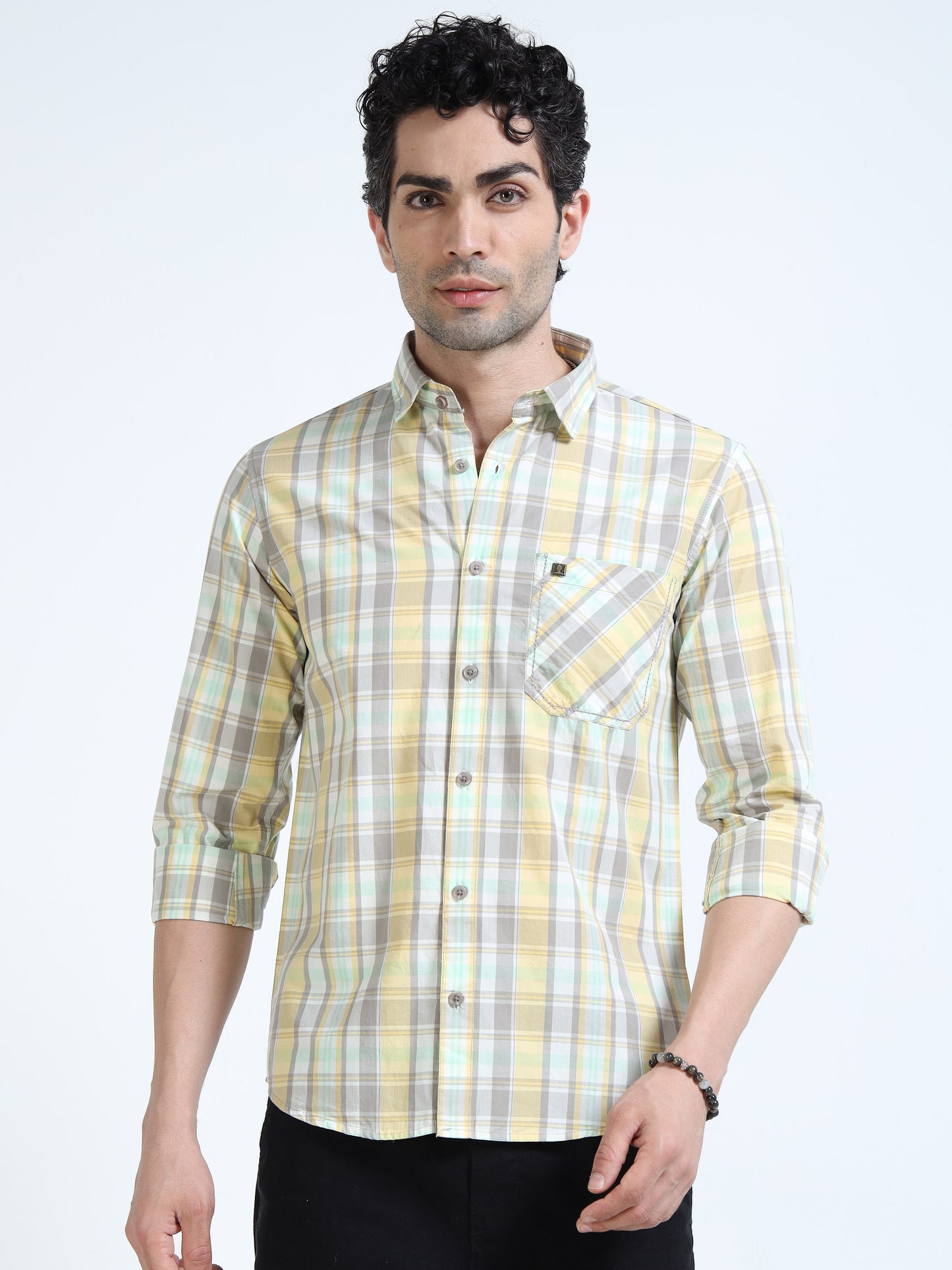 Men’s Yellow & Mint Multi-Check Cotton Linen Shirt
