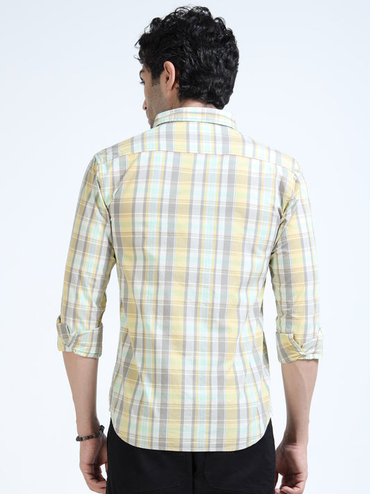 Men’s Yellow & Mint Multi-Check Cotton Linen Shirt