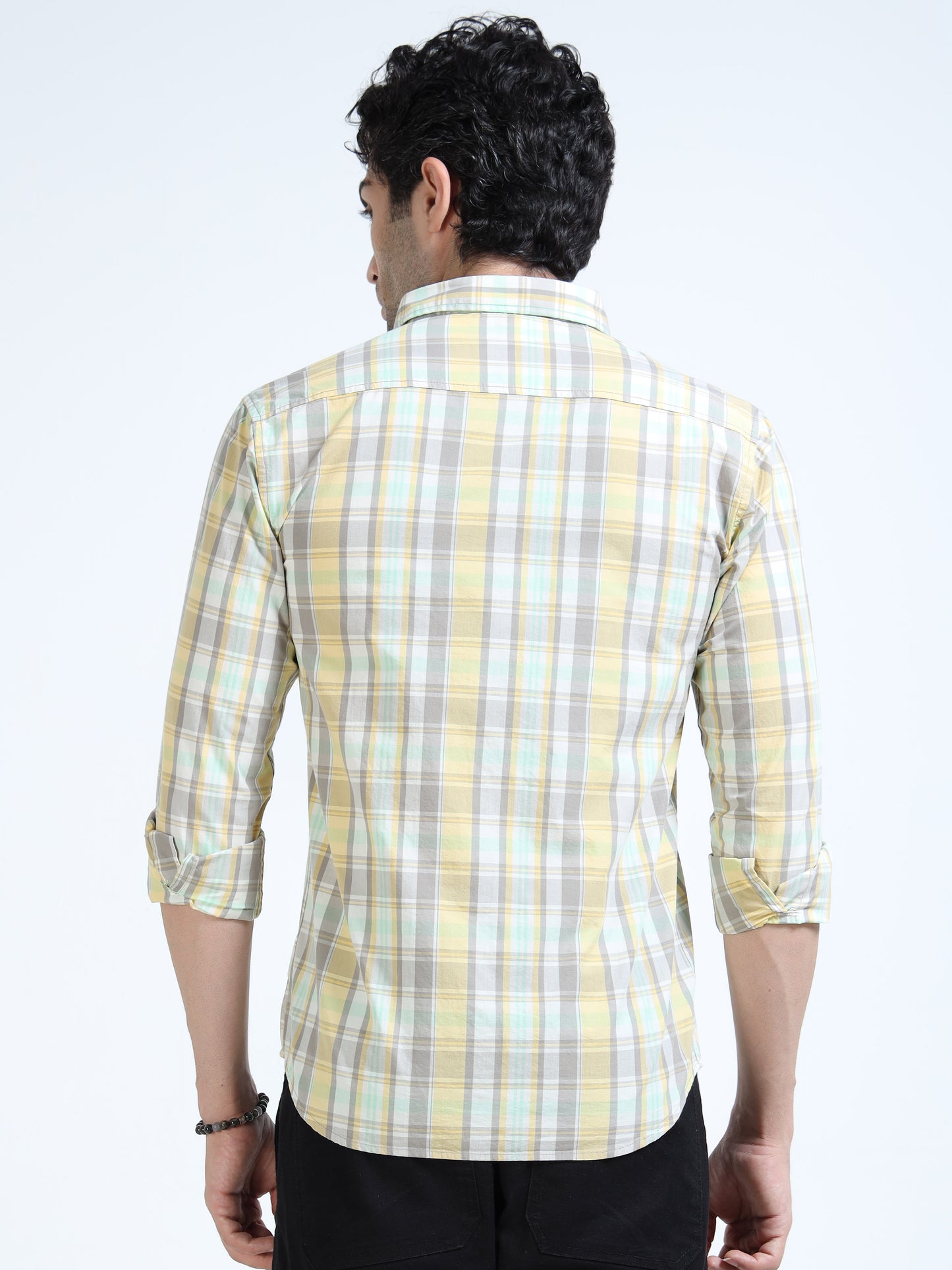 Men’s Yellow & Mint Multi-Check Cotton Linen Shirt