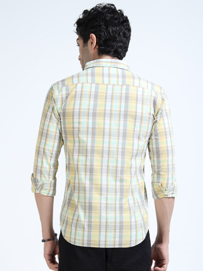 Men’s Yellow & Mint Multi-Check Cotton Linen Shirt
