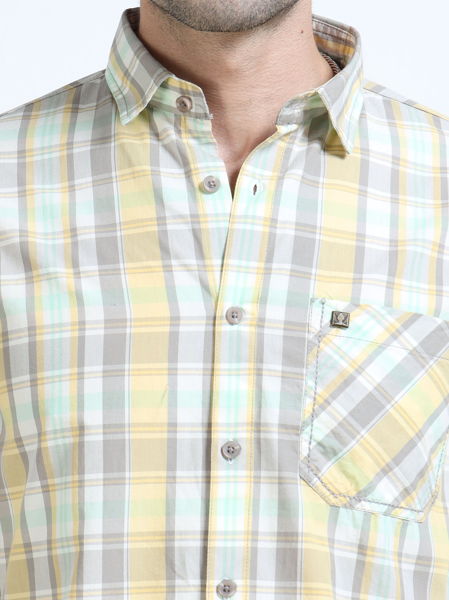 Men’s Yellow & Mint Multi-Check Cotton Linen Shirt