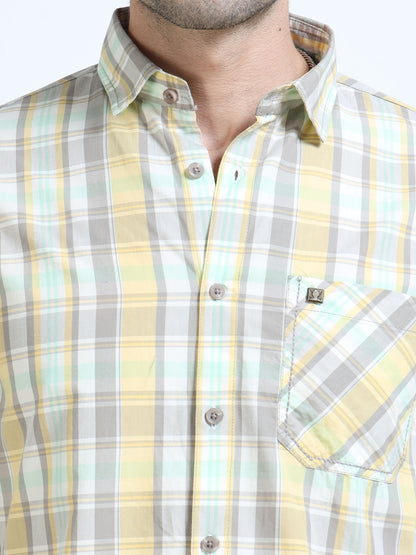 Men’s Yellow & Mint Multi-Check Cotton Linen Shirt