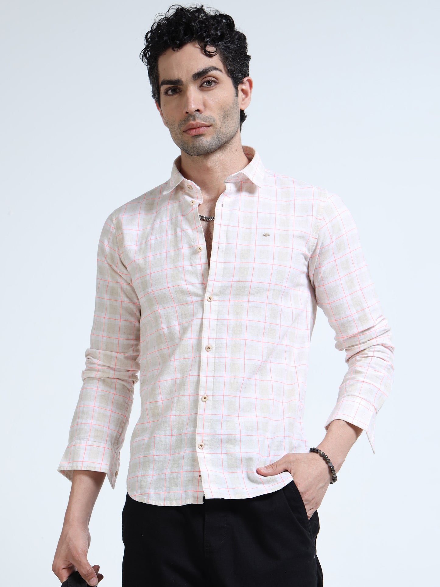 Men’s Blush Pink & White Check Cotton Linen Shirt