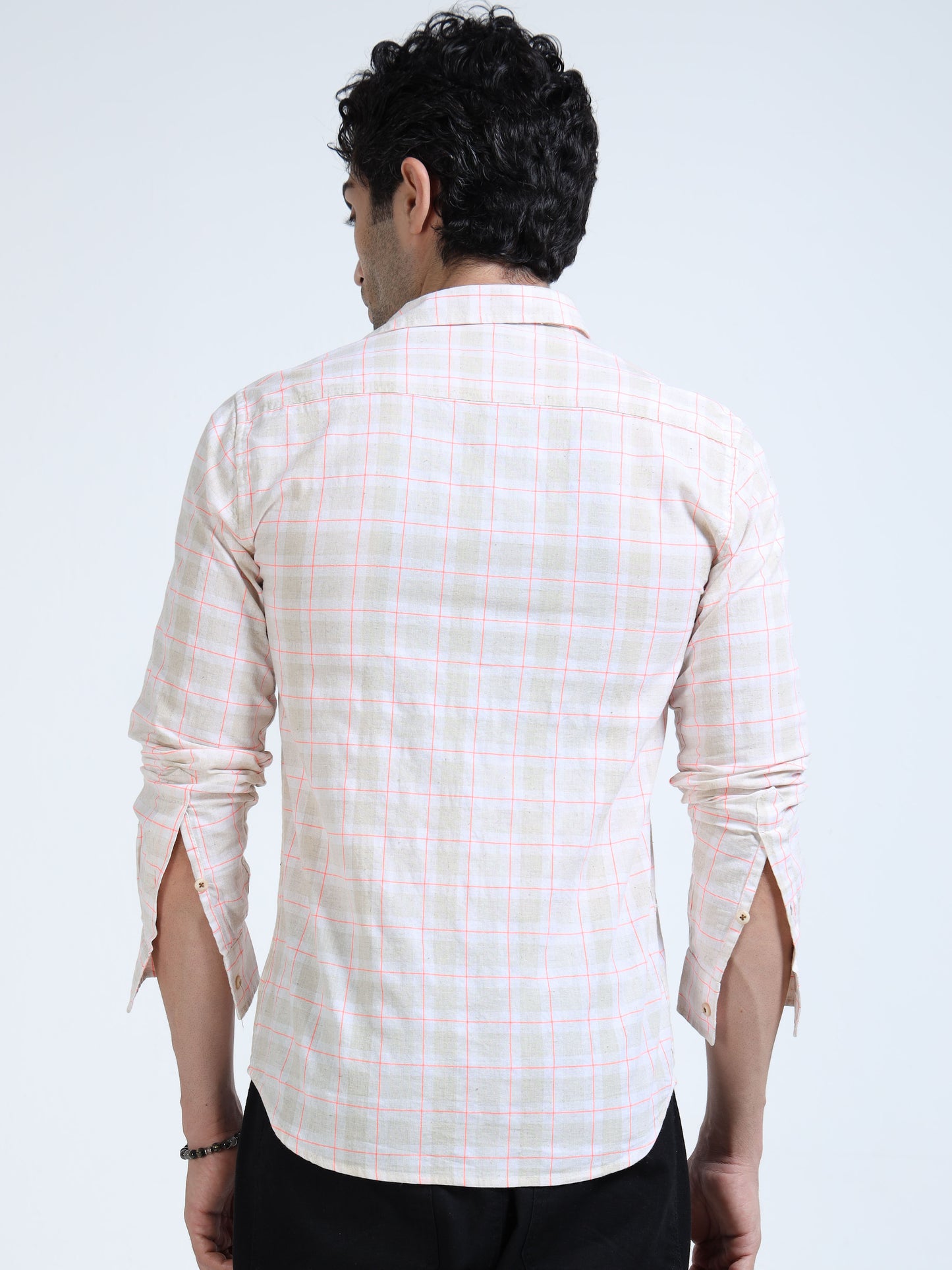 Men’s Blush Pink & White Check Cotton Linen Shirt