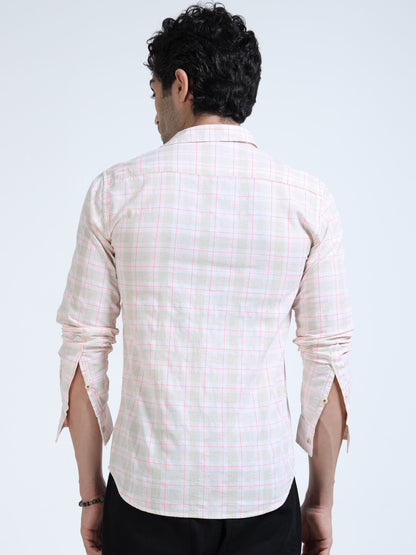 Men’s Blush Pink & White Check Cotton Linen Shirt