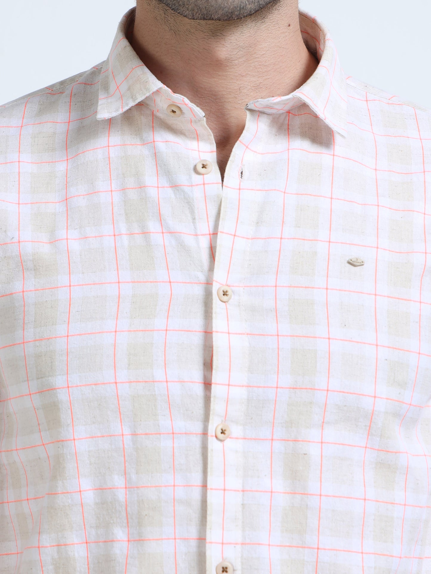 Men’s Blush Pink & White Check Cotton Linen Shirt