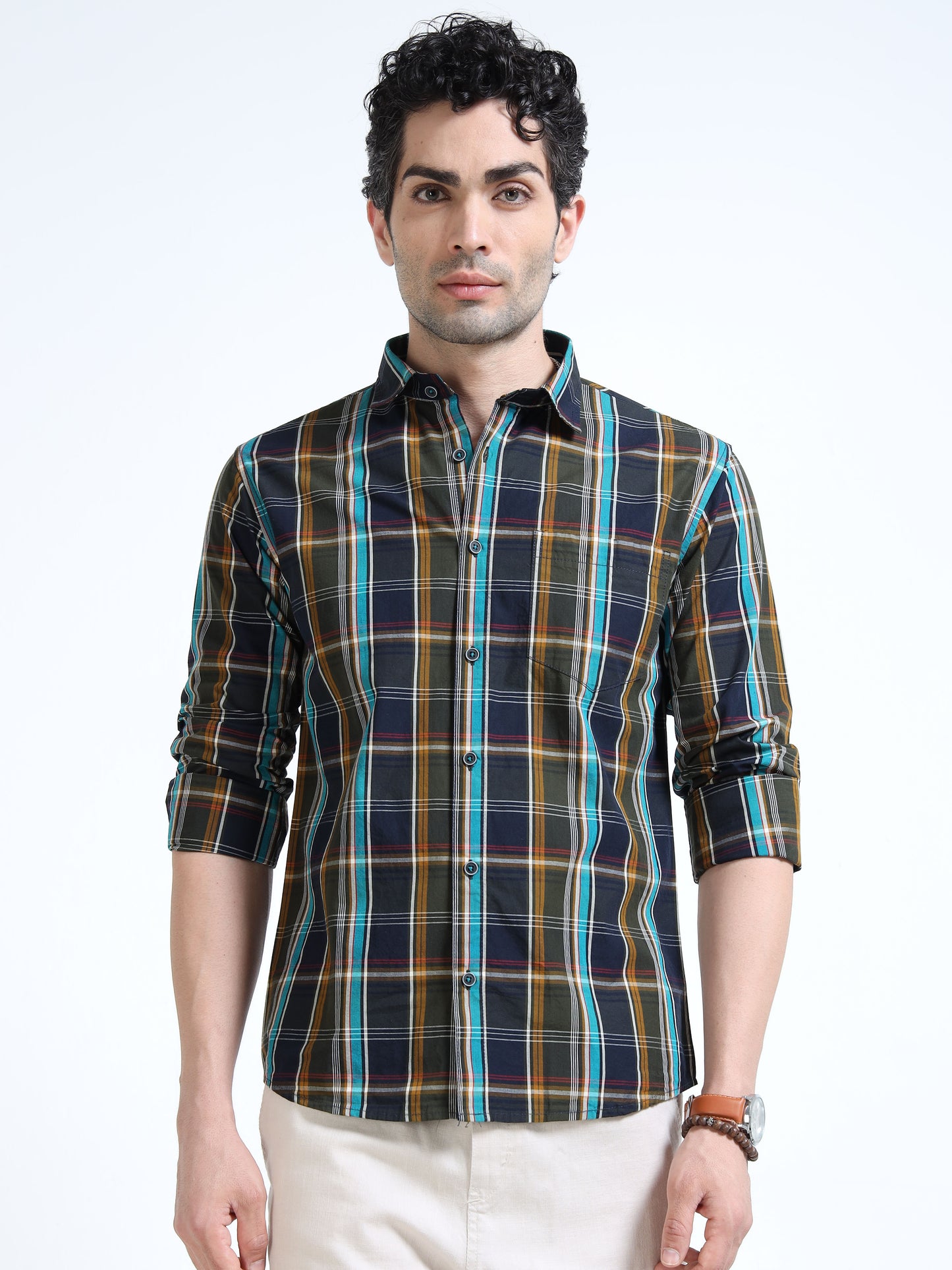 Men’s Navy Blue & Mustard Multi-Check Cotton Linen Shirt