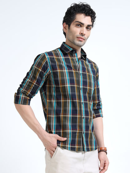 Men’s Navy Blue & Mustard Multi-Check Cotton Linen Shirt